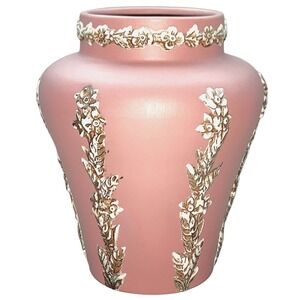 Ecanada PINK JASPERWARE Cabinet Vase Canada Art Pottery Rose Relief Goldwash Vtg